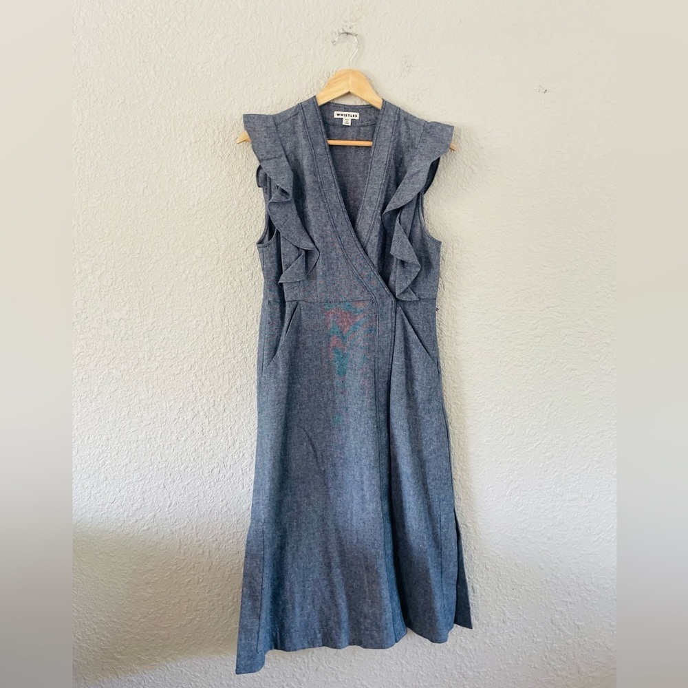 Whistles Faux Wrap Denim Ruffle Sleeve Midi Dress